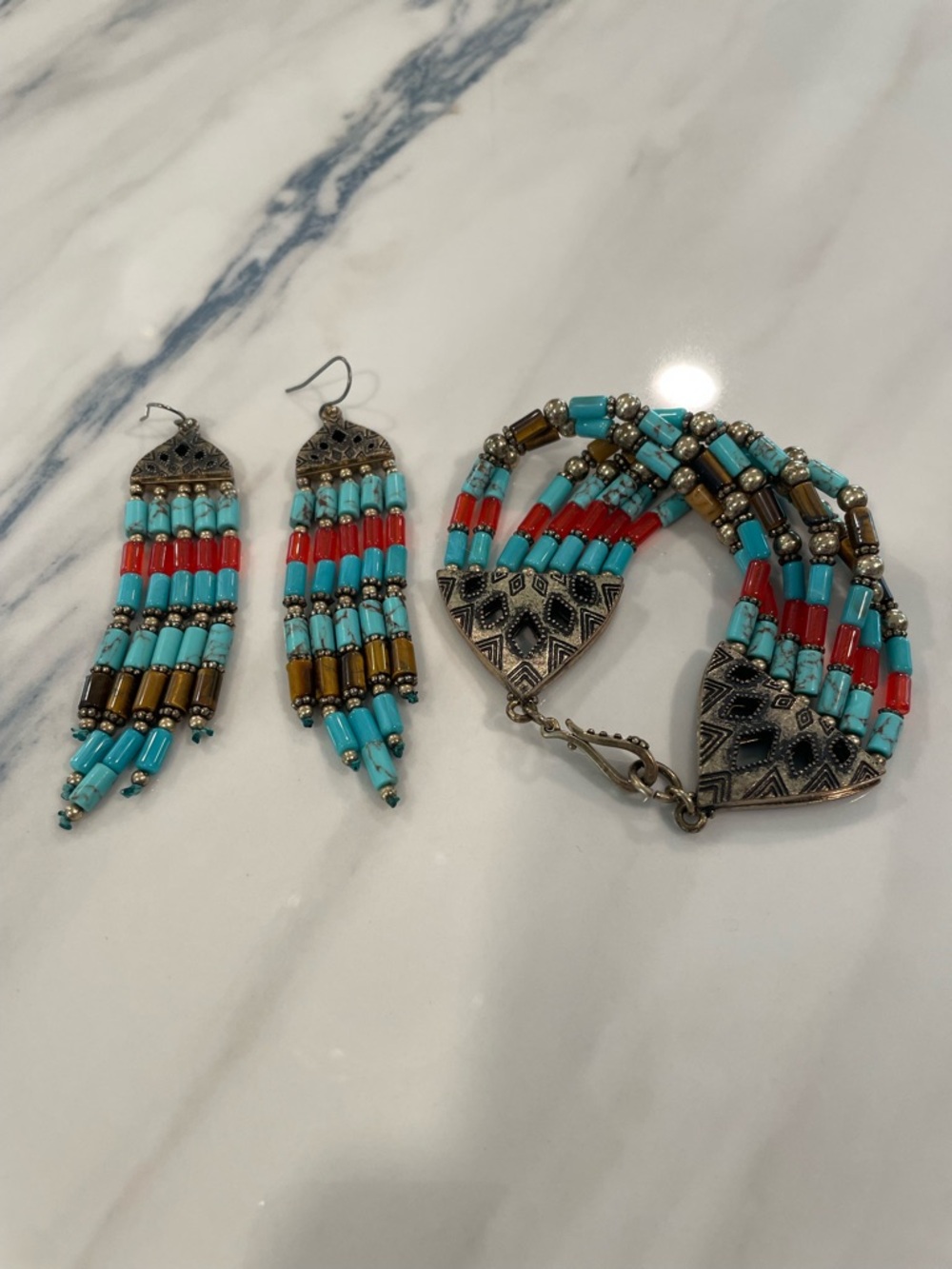 Lucky Brand Turquoise, Orange & Gold Beaded Bracelet with Matching Earrings